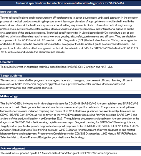 Technical specifications for selection of essential in vitro diagnostics for SARS-CoV-2