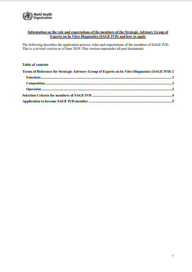 2018-2020 Terms of Reference for Strategic Advisory Group of Experts on In Vitro Diagnostics (SAGE IVD)