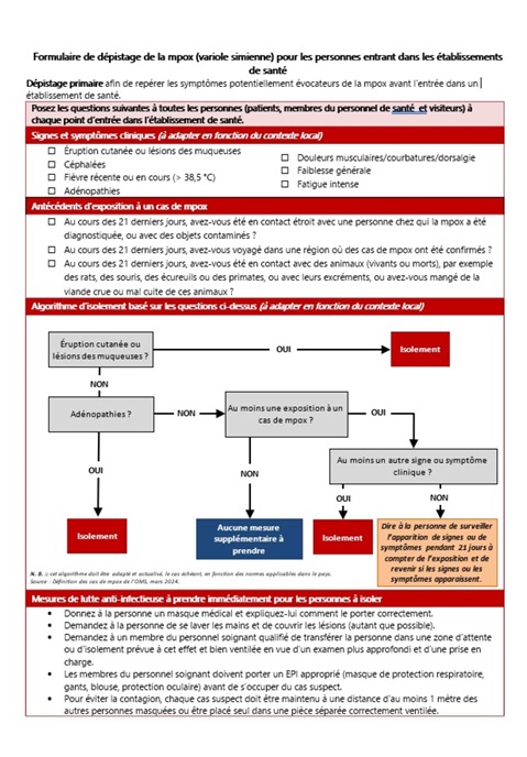 Formulaire de dépistage de la mpox (variole simienne) pour les personnes entrant dans les établissements de santé