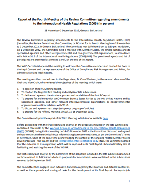 Report of the Fourth Meeting of the Review Committee regarding amendments to the International Health Regulations (2005)