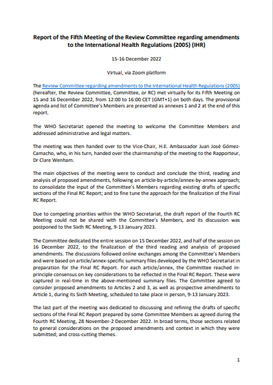 Report of the Sixth Meeting of the Review Committee regarding amendments 
to the International Health Regulations (2005) (IHR)