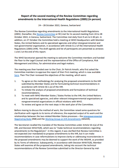 Report of the second meeting of the Review Committee regarding amendments to the International Health Regulations (2005)