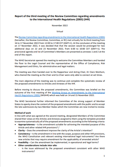 Report of the third meeting of the Review Committee regarding amendments to the International Health Regulations (2005)