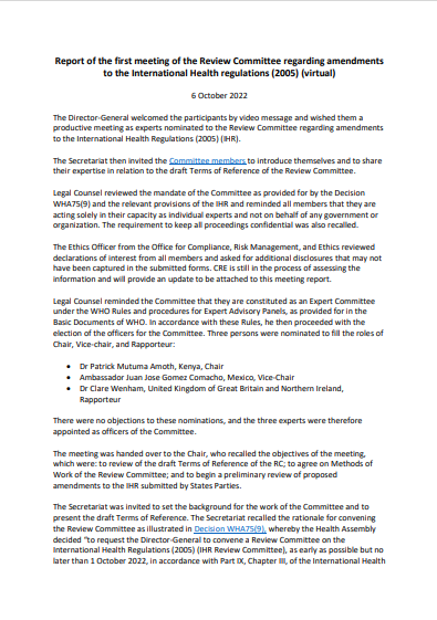 Report of the first meeting of the Review Committee regarding amendments
to the International Health regulations (2005)