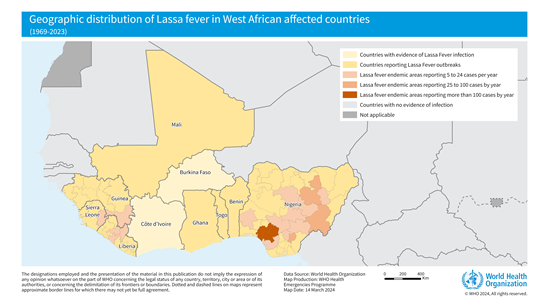 Geographic distribution of Lassa fever in West African affected countries 1969-2023