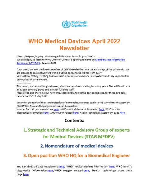 WHO Medical Devices April 2022
Newsletter