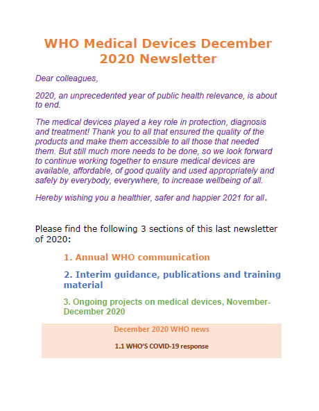 WHO Medical Devices December 2020
Newsletter