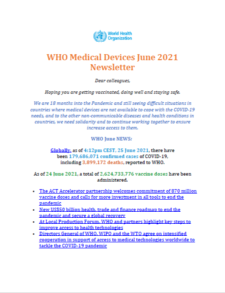 WHO Medical Devices June 2021
Newsletter