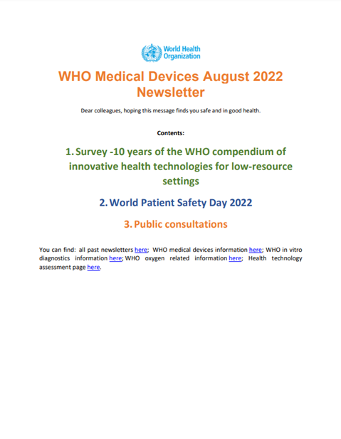 WHO Medical Devices August 2022
Newsletter