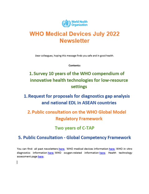 WHO Medical Devices July 2022
Newsletter