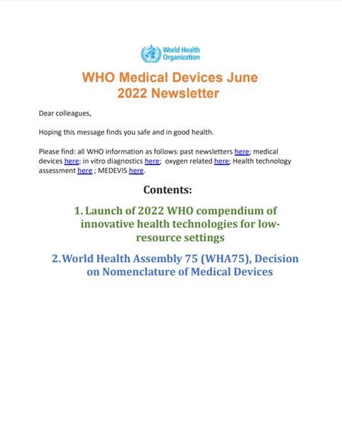 WHO Medical Devices June 2022
Newsletter