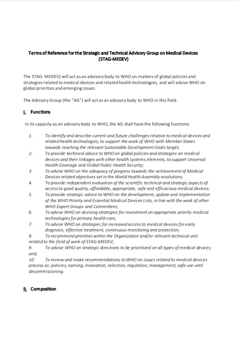 Terms of Reference for the Strategic and Technical Advisory Group on Medical Devices (STAG MEDEV) 2022