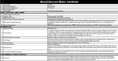 WHO technical specifications for blood glucose meter