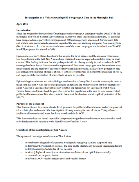Investigation of a Neisseria meningitis is Serogroup A Case in the Meningitis Belt