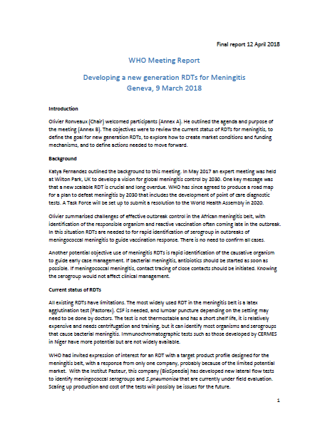 Developing a new generation RDTs for Meningitis Geneva, 9 March 2018