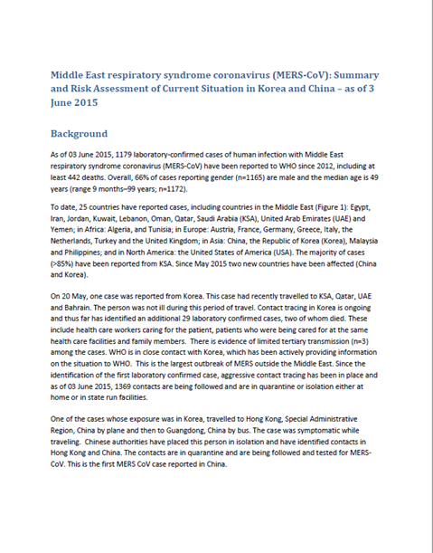 WHO MERS-CoV summary and risk assessment of current situation in Republic of Korea and China - 3 June 2015