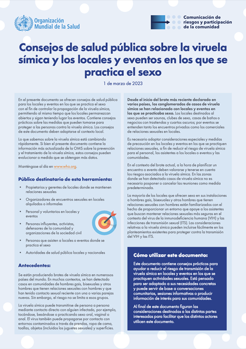 Consejos de salud pública sobre la viruelasímica y los locales y eventos en los que sepractica el sexo