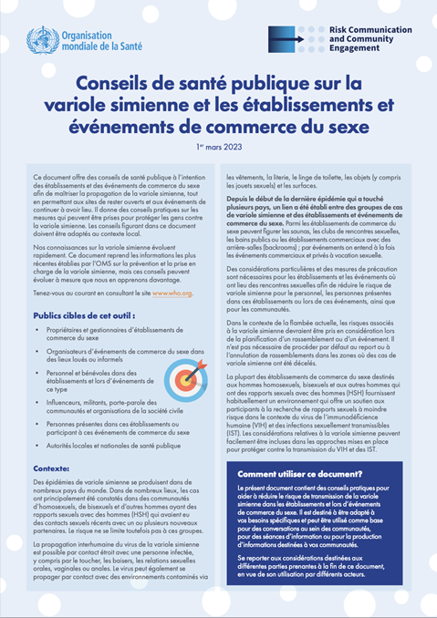 Conseils de santé publique sur lavariole simienne et les établissements etévénements de commerce du sexe