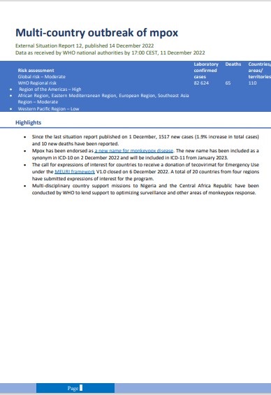 Multi-country outbreak of mpox, External situation report#12- 14 December 2022