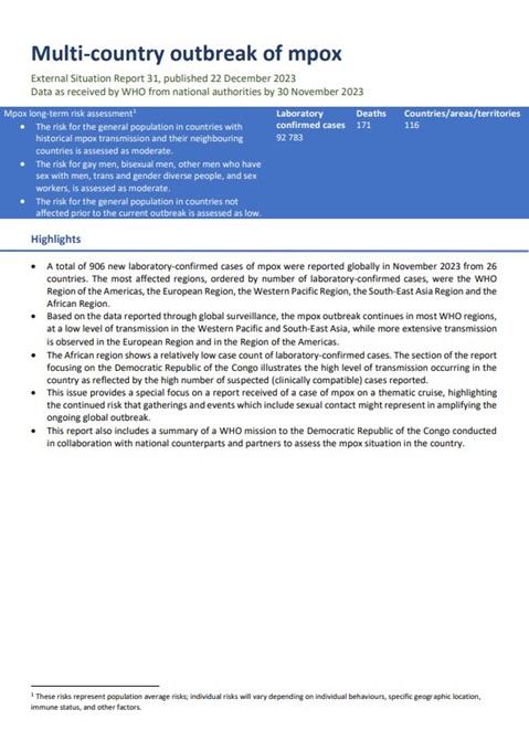 Multi-country outbreak of mpox, External situation report#31 – 22 December 2023