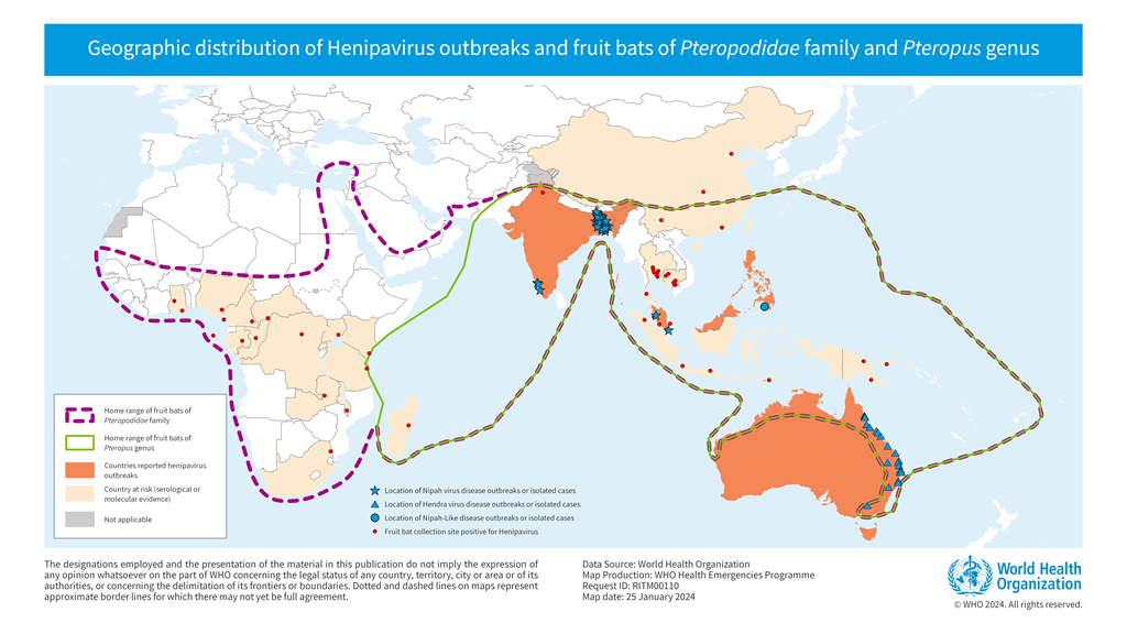 Geographic distribution of Henipavirus outbreaks and fruit bats of Pteropodidae Family
