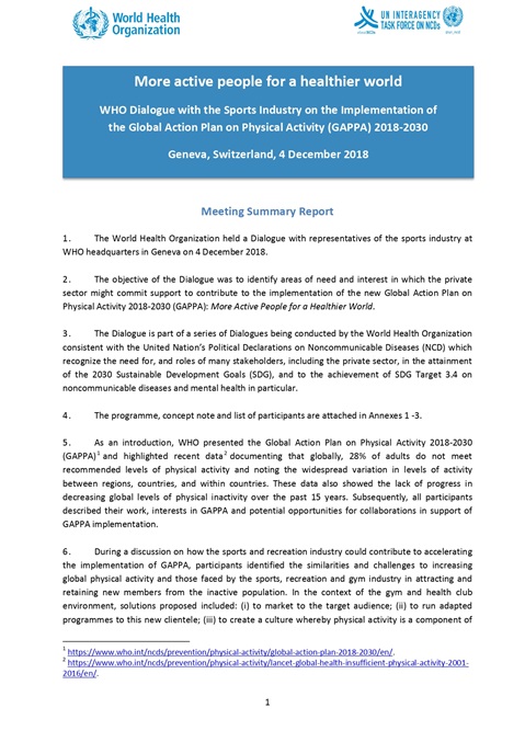 First WHO Dialogue with the Sports Industry on the Implementation of the Global Action Plan on Physical Activity 2018-2030