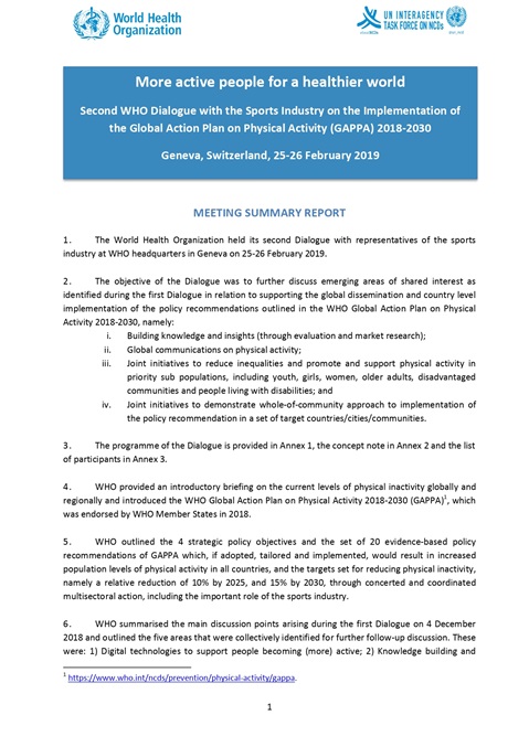 Second WHO Dialogue with the Sports Industry on the Implementation of the Global Action Plan on Physical Activity 2018-2030
