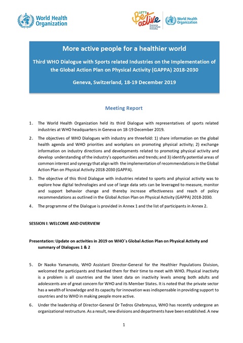 Third WHO Dialogue with the Sports Industry on the Implementation of the Global Action Plan on Physical Activity 2018-2030