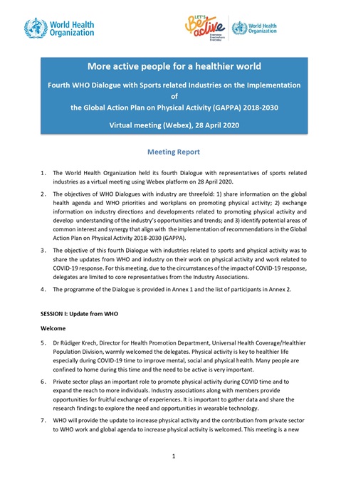 Fourth WHO Dialogue with the Sports Industry on the Implementation of the Global Action Plan on Physical Activity 2018-2030