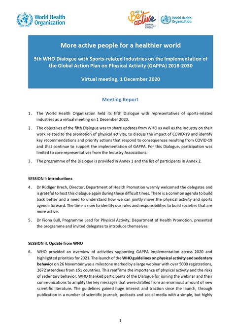 Fifth WHO Dialogue with the Sports Industry on the Implementation of the Global Action Plan on Physical Activity 2018-2030