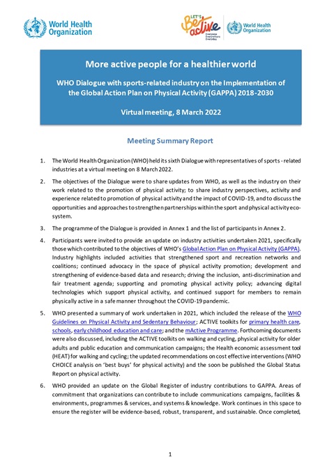 Sixth WHO Dialogue with the Sports Industry on the Implementation of the Global Action Plan on Physical Activity 2018-2030