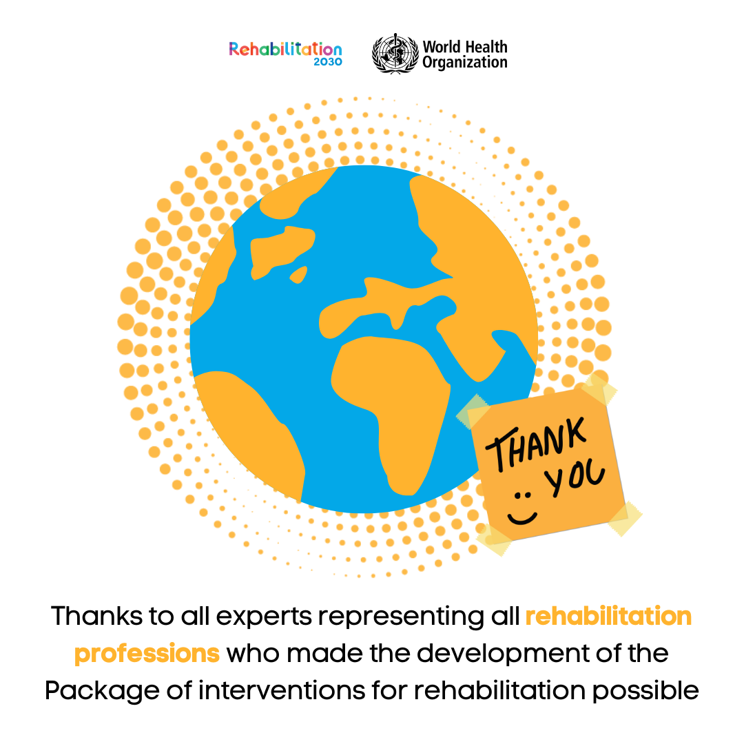 package-sm4 A globe and a thank you in a sticky note. The logos of World Health Organization and Rehabilitation 2030 at the top.