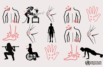 a collection of icons in black, red and white portraying musculoskeletal conditions