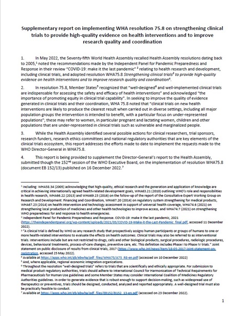 Supplementary report on implementing WHA resolution 75.8 on strengthening clinical trials to provide high-quality evidence on health interventions and to improve research quality and coordination