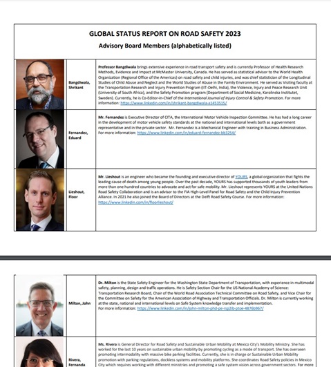 Advisory Board for the Global Status Report on Road Safety 2023