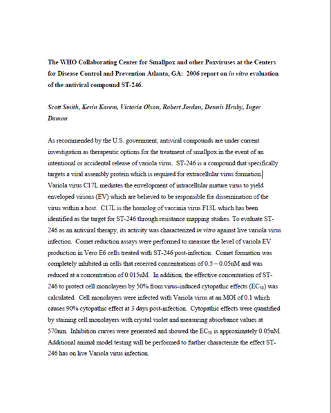 Smallpox abstract: 2006 report on in vitro evaluation of the antiviral compound ST-246