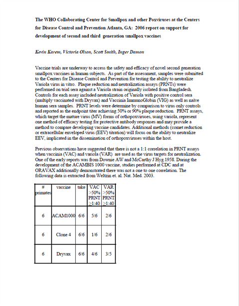 Smallpox abstract: 2006 report on support for development of second and third generation smallpox vaccines