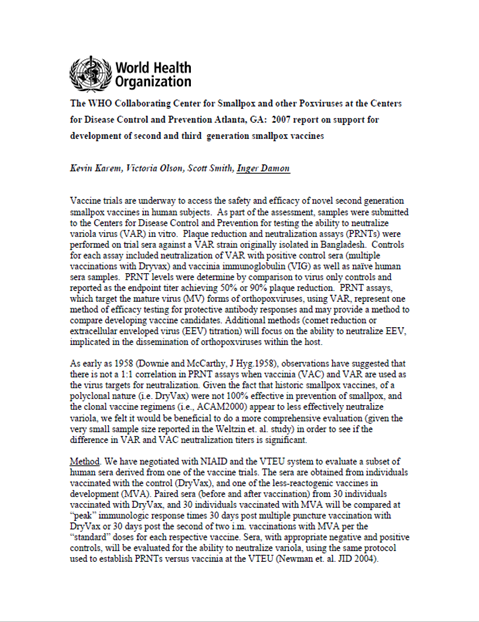 Smallpox abstract: 2007 report on support for development of second and third generation smallpox vaccines