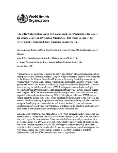 Smallpox abstract: 2008 report on support for development of second and third generation smallpox vaccines
