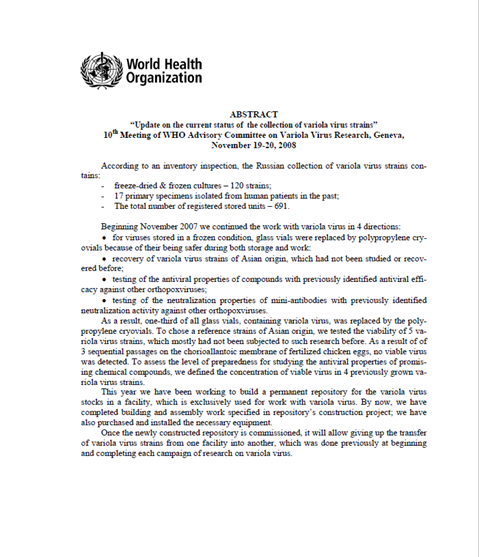 Smallpox abstract: Update on the current status of the collection of variola virus strains - 2008