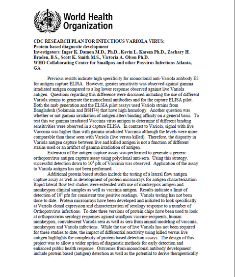 Smallpox abstract: Diagnostic development at the CDC: update 2009 – antibodies and protein based diagnostics