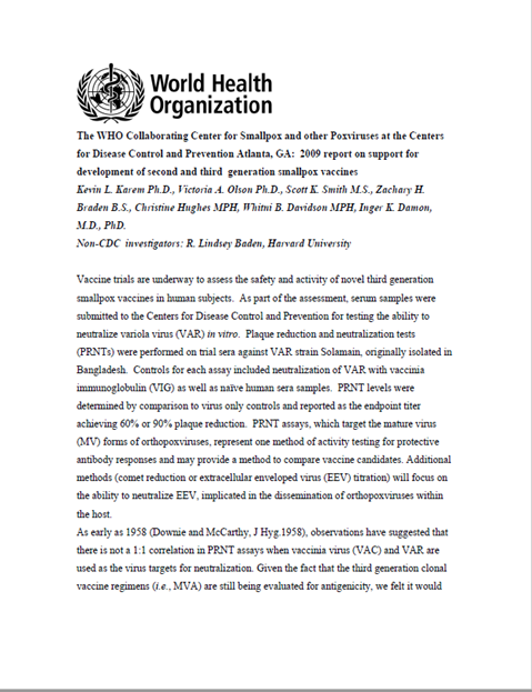 Smallpox abstract: 2009 report on support for development of second and third generation smallpox vaccines