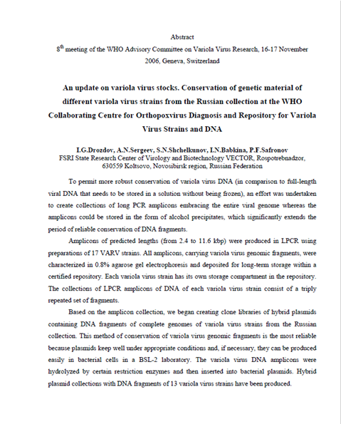 Smallpox abstract: Update on variola virus stocks