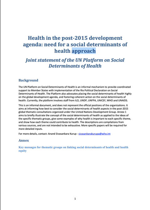 Health in the post-2015 development agenda: need for a social determinants of health approach