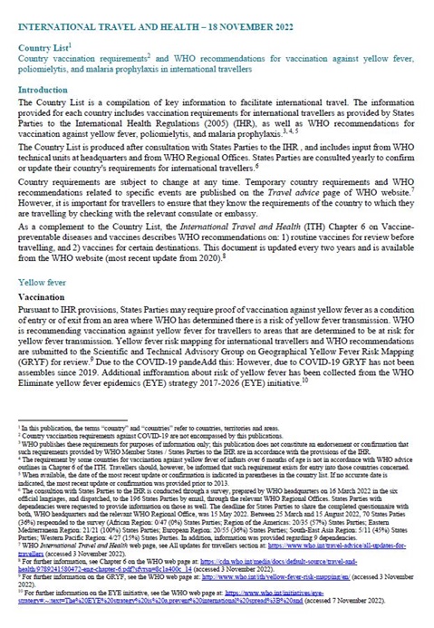 Vaccination requirements and recommendations for international travellers; and malaria situation per country – 2022 edition