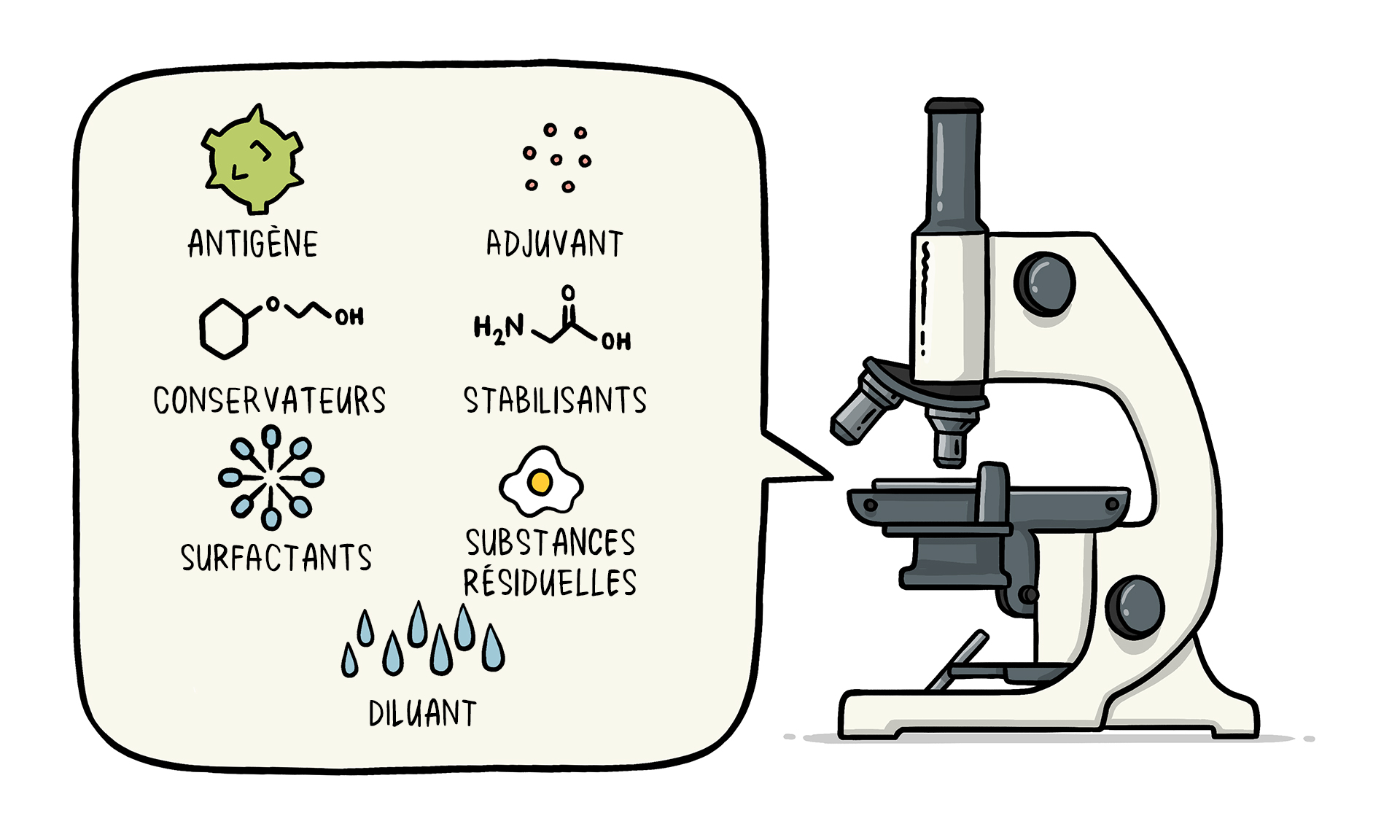 Vaccine Ingredients: Antigen, Adjuvant, Preservatives, Stabilizers, Surfactants, Residuals, Diluent.