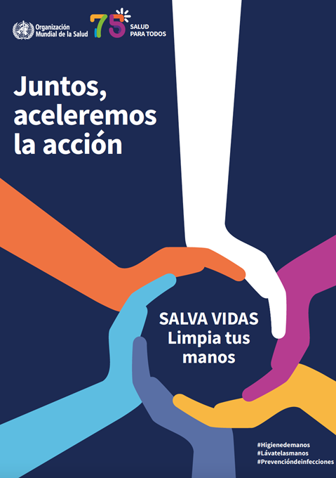 Cartel principal de la campaña para el Día Mundial de la Higiene de las Manos 2023: Juntos, aceleremos la acción (versión web con fondo oscuro)