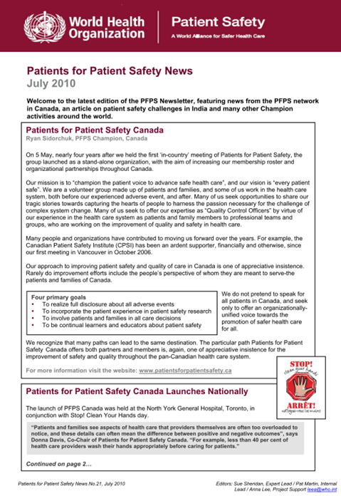 Patients For Patient Safety Newsletter - July 2010