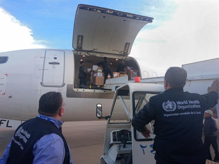 An airlift of 17 tonnes of health supplies for north-east Syria arrives in the city of Qamishli in February 2018