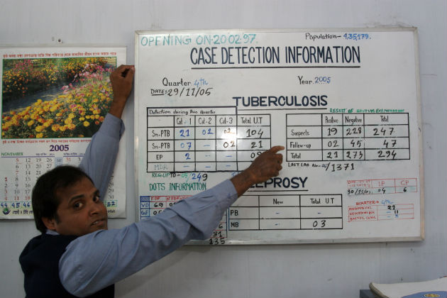 A health worker in Bangladesh points to tuberculosis case detection information on a whiteboard. 
